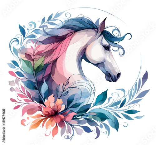 Wallpaper Mural White Horse. Flowers. Horse head.  Portrait. Watercolor style. Isolated on a white background. Banner. Vector illustration, AI Torontodigital.ca