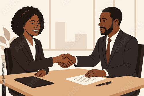 Diverse business professionals shaking hands in modern conference room after successful deal negotiation with documents and tablet on table