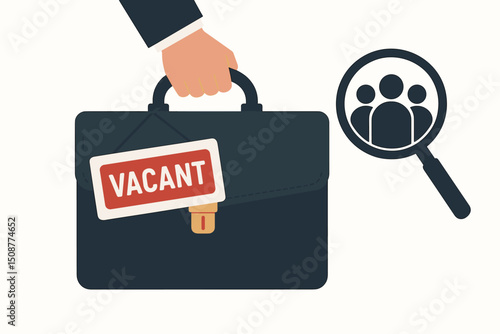 Professional recruitment concept vector illustration with vacant job position sign on business briefcase and magnifying glass with people icons