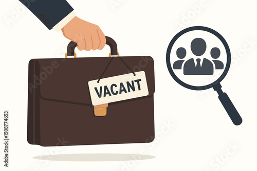 Professional corporate recruitment and talent search vector illustration with vacant job opening briefcase and magnifying glass seeking qualified business candidates