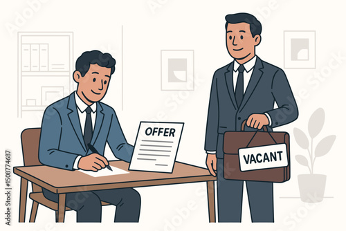 HR manager preparing job offer letter for professional candidate during recruitment interview in corporate office environment vector illustration