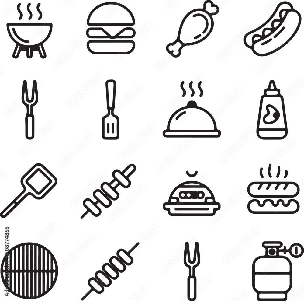 Fototapeta premium BBQ Icons Set, Food, Skewer, Burger, Hotdog, Gas Cylinder, Isolated on Transparent Background