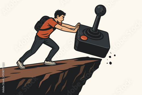 Young man struggling to push giant vintage gaming joystick off cliff, powerful metaphor for overcoming video game addiction and achieving digital freedom