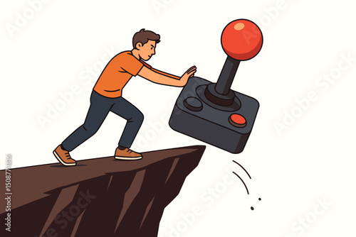 Young man pushing giant gaming joystick controller off cliff breaking free from video game addiction digital detox lifestyle change vector illustration