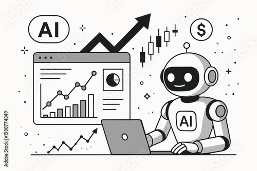 Modern AI trading robot analyzing financial data charts and market trends vector illustration for investment technology and automated trading concepts