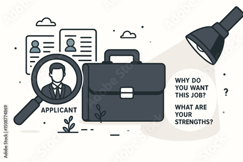 Professional job interview vector illustration with candidate in spotlight, recruitment questions, resume screening and hiring process for HR employment selection