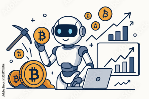 Cute AI Robot Trading Bitcoin Cryptocurrency Coins with Laptop Computer Charts Analytics Growth Arrows Automated Investment Technology Vector Illustration