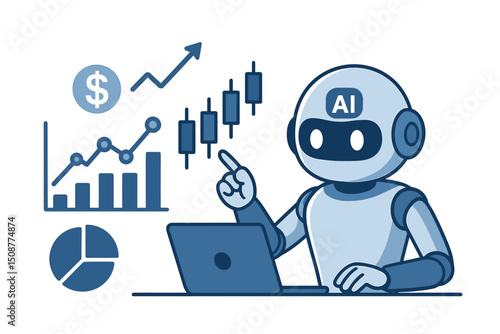 Smart AI Trading Bot with Laptop Computer Analyzing Financial Charts Graphs Market Data for Automated Investment Strategy Technology Vector Illustration