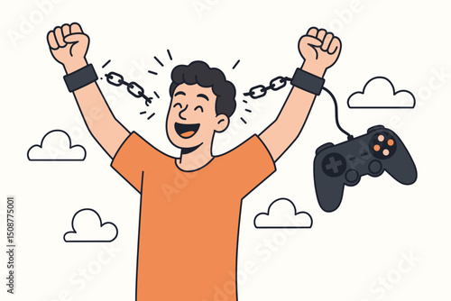 Happy man breaking free from gaming addiction with broken chains and falling controller vector illustration showing digital detox and mental wellness