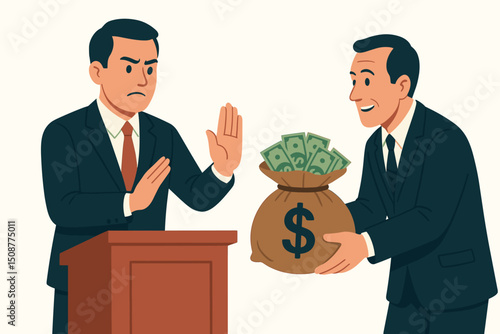 Businessman refusing money bribe vector illustration, anti-corruption ethics concept showing integrity and honest moral principles in business and politics