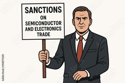 Business leader announcing trade sanctions on semiconductor electronics industry holding official declaration sign vector illustration concept