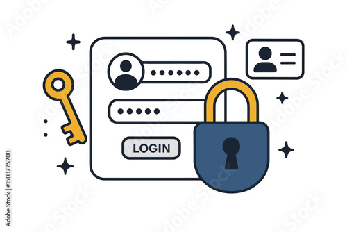 Secure Login Authentication Interface Vector Illustration with Password Protection, User Access Control, Key and Lock Cybersecurity Design Elements
