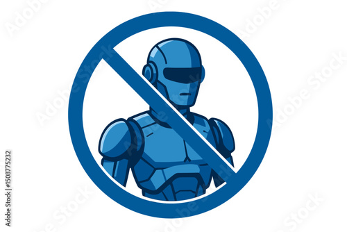 Blue vector illustration of prohibited robot in ban circle symbol representing artificial intelligence restriction and technology control concept