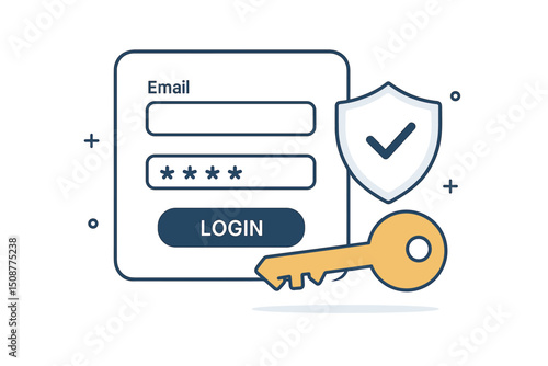 Secure login interface vector illustration with password authentication form, security shield and key for web design and digital security concepts