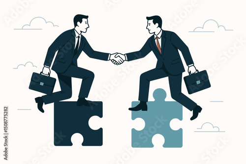 Corporate handshake on puzzle pieces - business partnership collaboration teamwork and successful merger deal concept with professional businessmen vector illustration