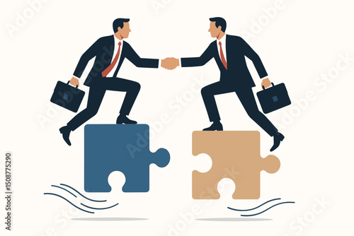 Two professional businessmen shaking hands while standing on connecting puzzle pieces symbolizing successful partnership collaboration and corporate teamwork