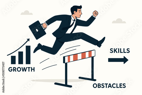 Dynamic businessman leaping over business hurdles and obstacles to achieve professional growth, skills development and career success - vector illustration