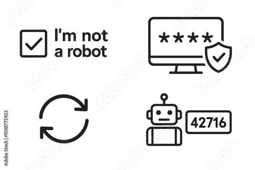 CAPTCHA security verification icon collection with robot authentication, password protection shield and human verification checkbox vector graphics set