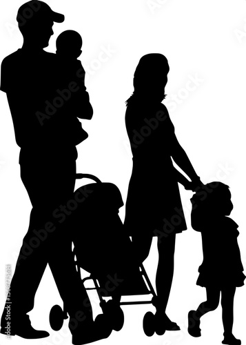 "A solid black silhouette side view of a family of four on a walk: father with baby in arms, mother pushing stroller, little girl walking beside, clean white backdrop."
