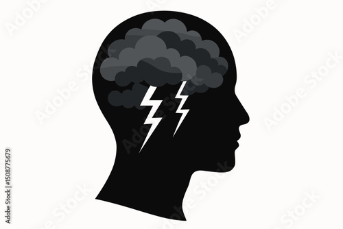 Black silhouette profile of human head with gray storm clouds and white lightning representing mental turmoil, depression, anxiety, stress and psychological concepts