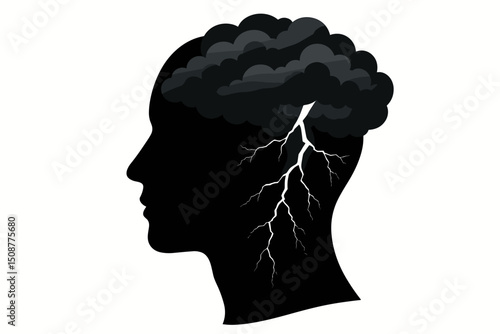 Mental storm concept with dark silhouette head profile featuring storm clouds and lightning bolts representing psychological turmoil, stress, anxiety, and creative thinking process