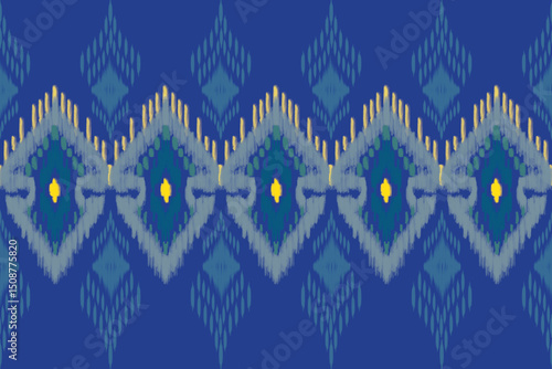 This  pattern features diamond and flame-like motifs in vivid green, white, and blue tones, inspired by traditional Thai textile designs.