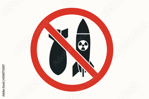 Nuclear weapons ban prohibition sign with missile and radiation symbol vector - anti-war peace movement illustration for disarmament campaigns and activism