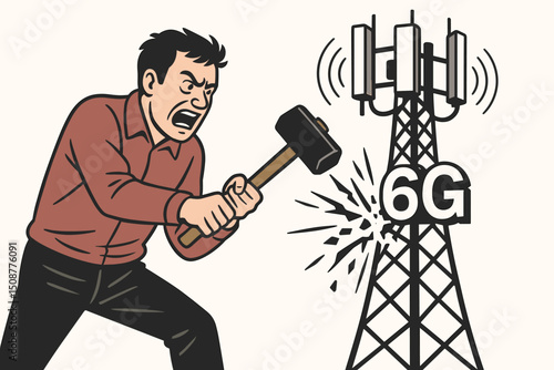 Angry man with sledgehammer attacking 6G cell tower vector illustration depicting technology resistance anti-wireless telecommunications infrastructure protest concept