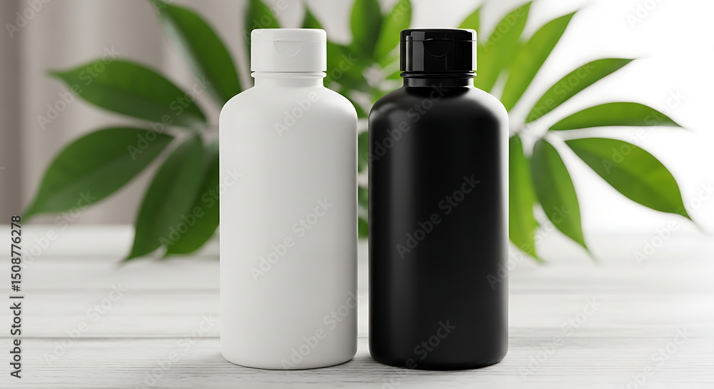 Sleek White and Black Bottles with Green Leaves Minimalist Design Sleek White and Black Bottles with Green Leaves Minimalist Design