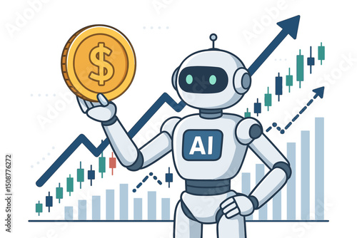 AI Robot Trading Success - Artificial Intelligence Financial Bot Holding Dollar Coin with Upward Market Charts and Growth Arrows Vector Illustration