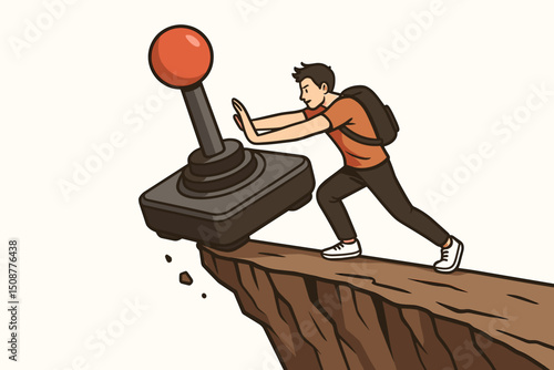 Man pushing giant gaming joystick controller off cliff ledge, breaking free from video game addiction, digital detox and technology dependency concept illustration