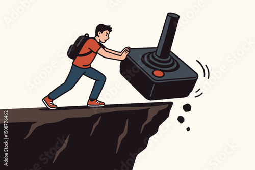 Young man breaking free from gaming addiction by pushing giant retro joystick controller off cliff edge - digital detox and overcoming technology dependency concept