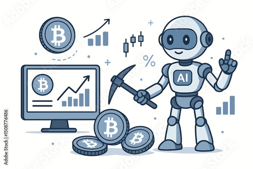 AI Robot Trading Bitcoin Cryptocurrency with Mining Tools and Analytics Charts - Artificial Intelligence Financial Investment Technology Vector