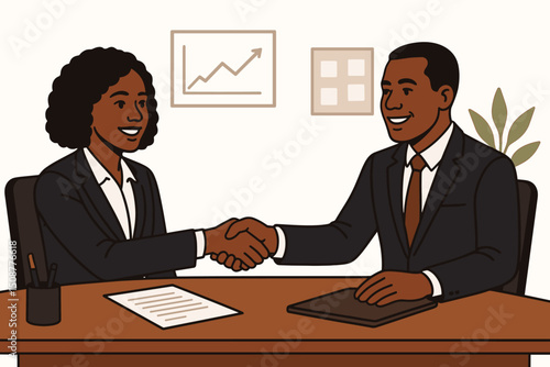 Professional African American business partners shaking hands over signed contract in modern office, successful deal agreement partnership vector illustration