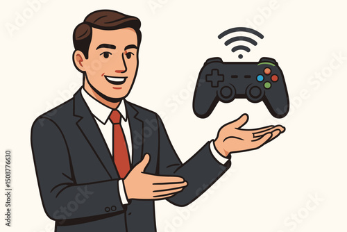 Smiling businessman in suit presenting wireless gaming controller with WiFi signal for gaming industry promotion and technology marketing concept