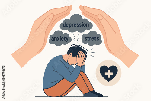 Protective hands shielding person from mental health struggles depression anxiety stress clouds healthcare support vector illustration concept