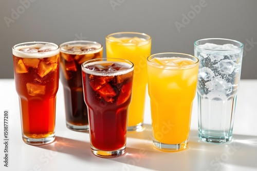 Refreshing Assortment of Drinks: A vibrant assortment of beverages, from sparkling soft drinks to invigorating juice and clean water, are displayed in various glasses.