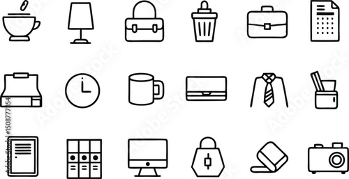 Stylish Office Icons Set:  Desk Supplies, Branding Elements, and Business Graphics