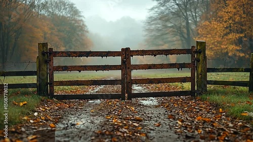 A rustic wooden gate stands closed on a muddy path surrounded by autumn foliage and mist