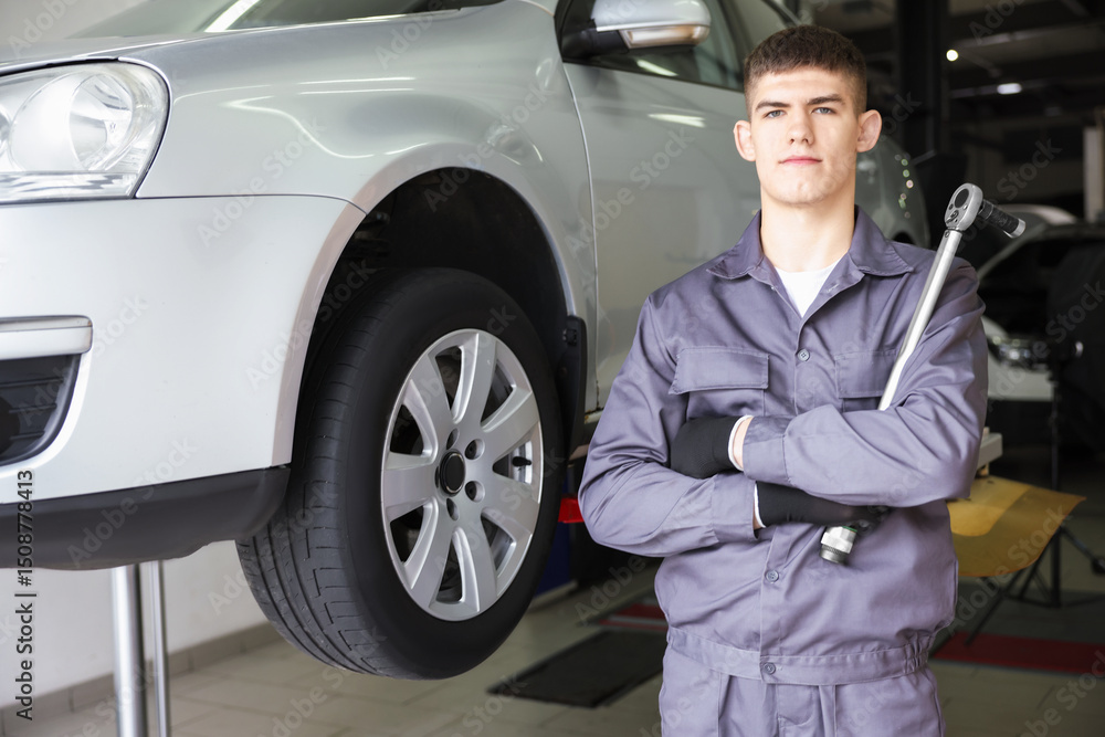 Professional mechanic with wrench near lifted car in garage Professional mechanic with wrench near lifted car in garage