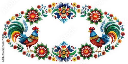 Polish Folk Art Rooster Circle, Wycinanka Lowicz Pattern,  Traditional Polish Crafts,  Rural Polish Landscape Photography