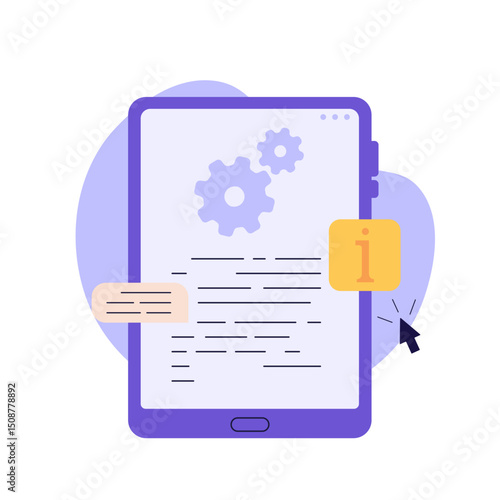 Reading user manual book. Users reading and writing guide instruction with information mark. Concept of customer guide, useful information, FAQ. Vector illustration for UI, web banner