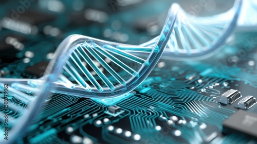 digital DNA strand merging with neural circuit board, symbolizing genetic AI algorithms and computational biology