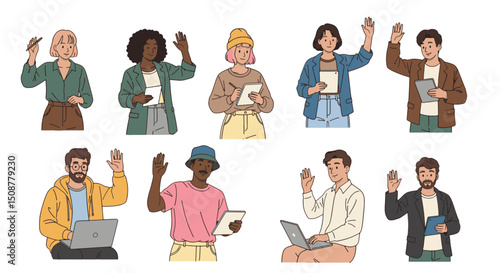 Diverse Cartoon People Raising Hands – Business Training and Seminar Character Set