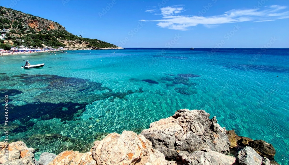 Fototapeta premium Serene Coastal Landscape with Clear Water and Rocky Shoreline View