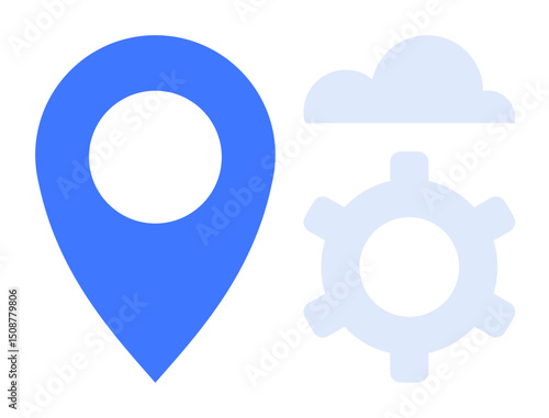 Blue location pin next to a light blue cloud and gear icon. Ideal for navigation, cloud computing, technology, innovation, process management, customization, and digital integration. Flat simple