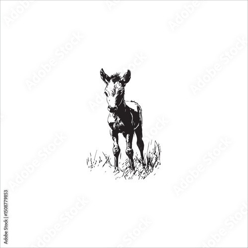 beautiful sketch of the silhouette of a foal on the grass, black and white vector, graphics
