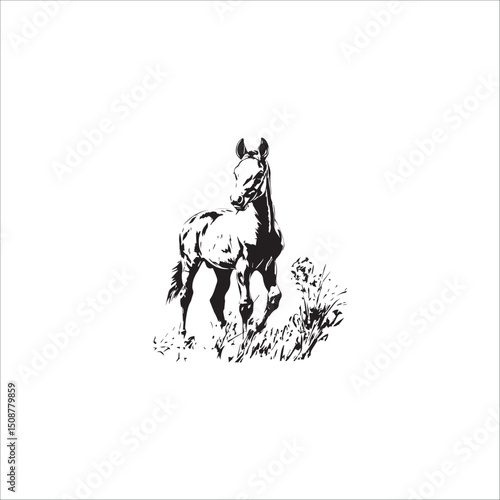 beautiful sketch of a horse silhouette on the grass, black and white vector, graphics
