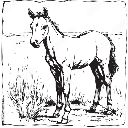 beautiful sketch of the silhouette of a horse with a mane, which stands in a clearing, black and white vector, graphics
