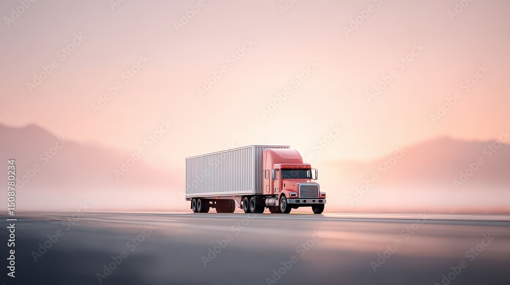 A striking image of a red truck parked on an empty road during sunrise, surrounded by mist and mountains, symbolizing transport, logistics, and adventure in the open road. A striking image of a red truck parked on an empty road during sunrise, surrounded by mist and mountains, symbolizing transport, logistics, and adventure in the open road.
